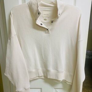 American Eagle Womens XL Cotton Terry Henley Crop Sweater Cream Relaxed Fit